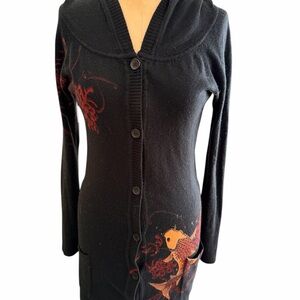 Gramm Black Button-Up Sweater with koi Fish Design